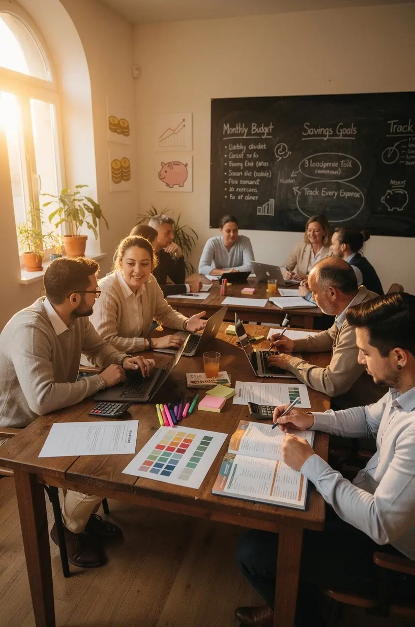 Látogatók jegyzetelnek egy személyes pénzügyi képzésen egy modern teremben